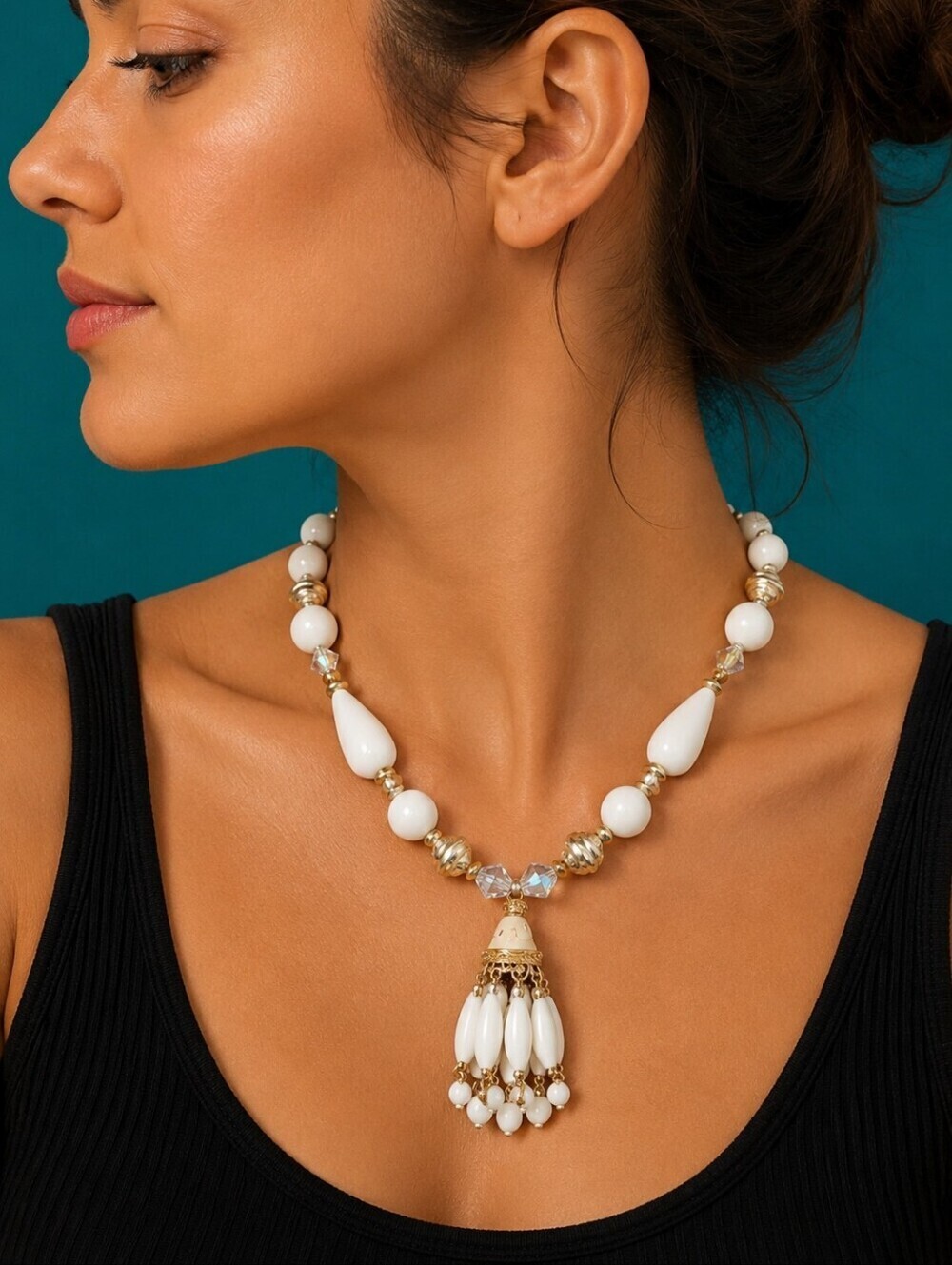 Vintage 1960s White Acrylic Aurora Borealis Crystal Beaded Tassel Necklace